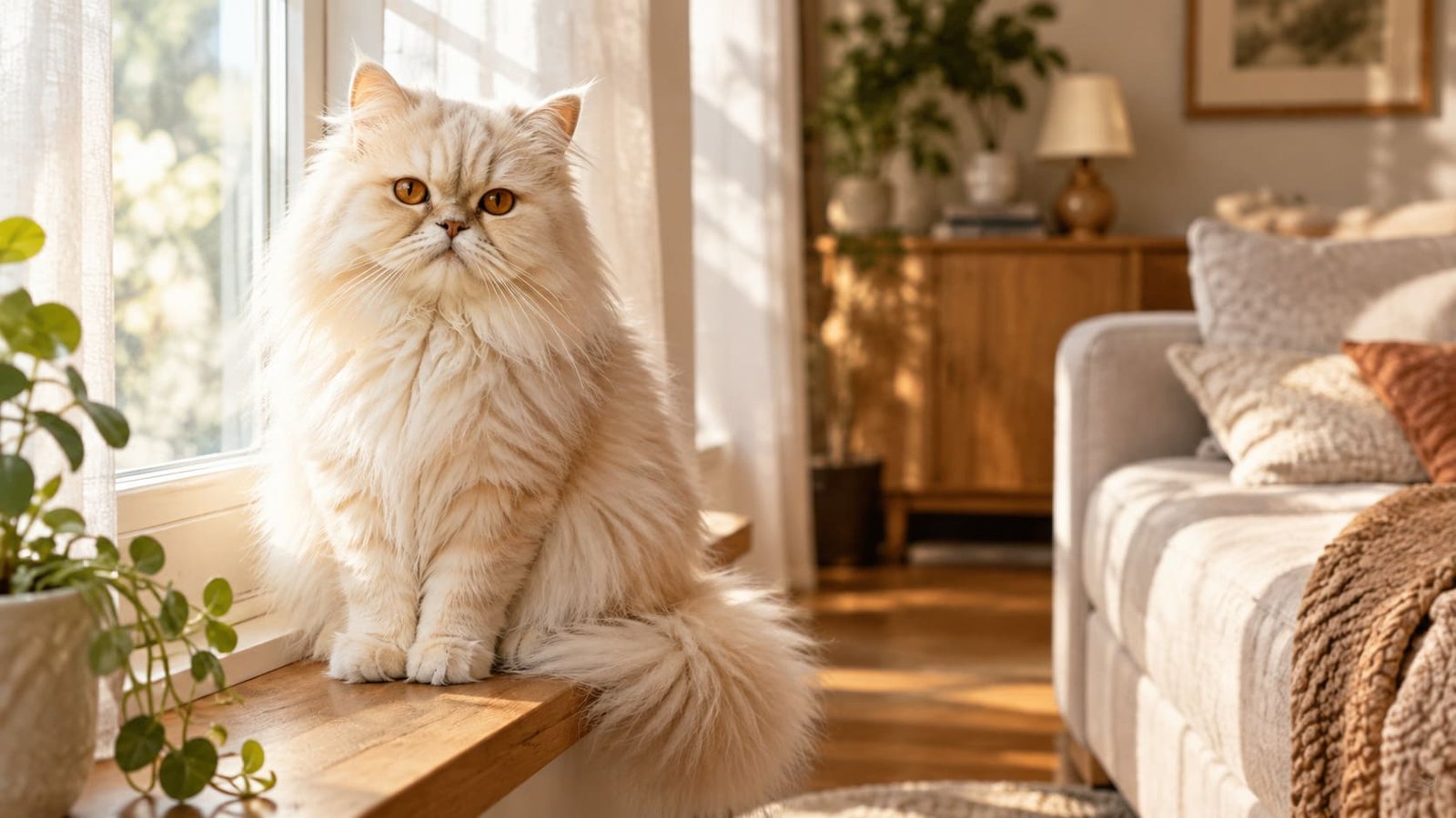 Cream Persian cat with copper eyes sitting calmly on a sunlit living room windowsill