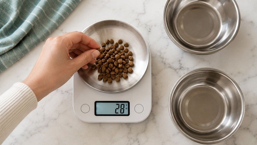 Person weighing a measured portion of cat food on a digital kitchen scale beside two labelled bowls