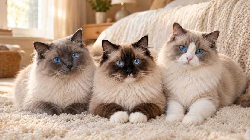 Three female Ragdoll cats showing colorpoint, mitted, and bicolor coat patterns on a bedroom rug