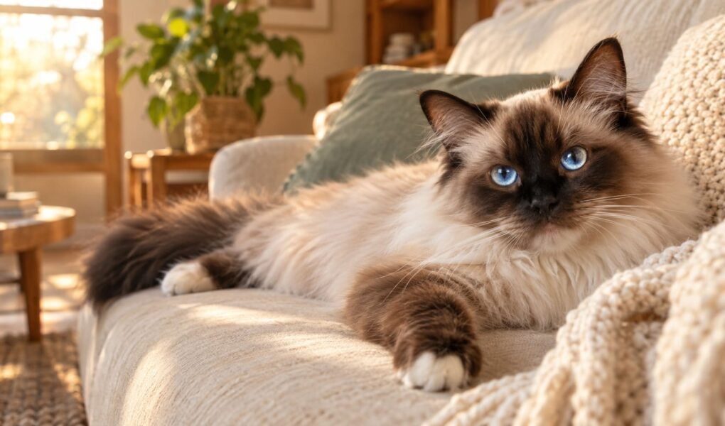 Adult seal point Ragdoll cat with blue eyes lying relaxed on a sofa in a sunlit living room