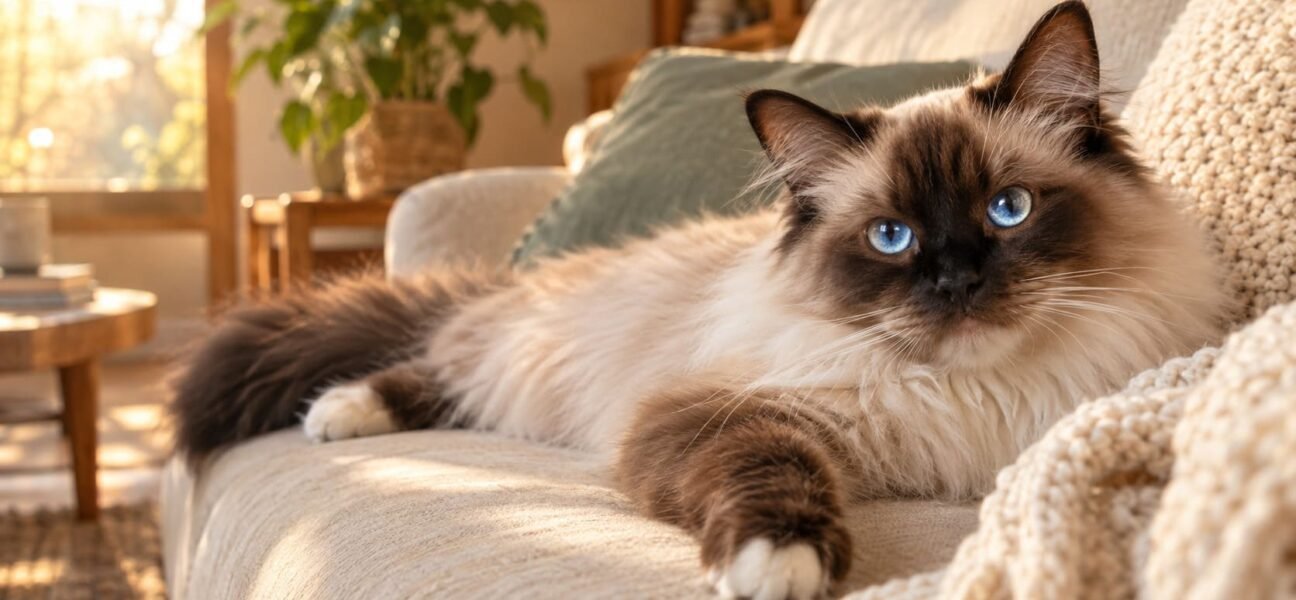 Adult seal point Ragdoll cat with blue eyes lying relaxed on a sofa in a sunlit living room