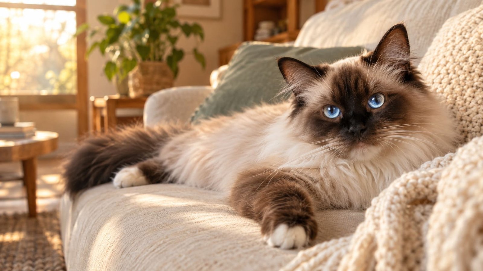Adult seal point Ragdoll cat with blue eyes lying relaxed on a sofa in a sunlit living room