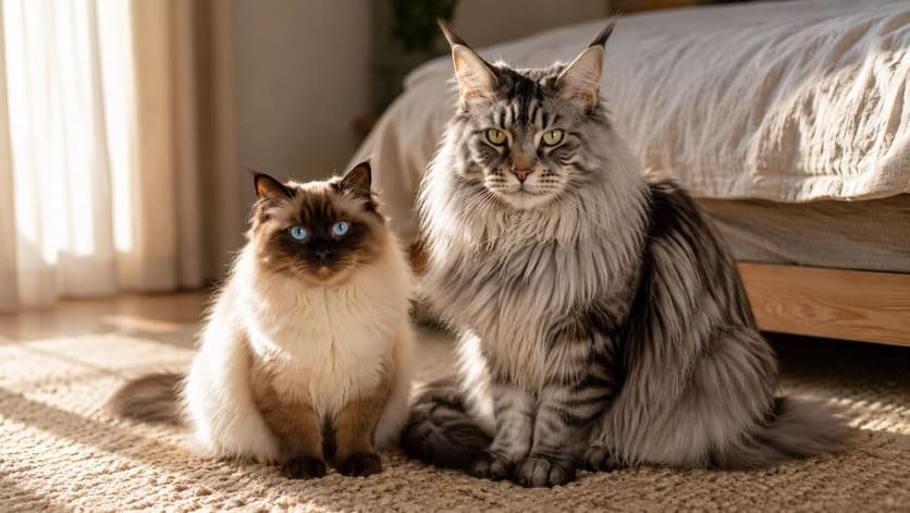 Blue-eyed Ragdoll cat and larger shaggy Maine Coon sitting side by side on a rug