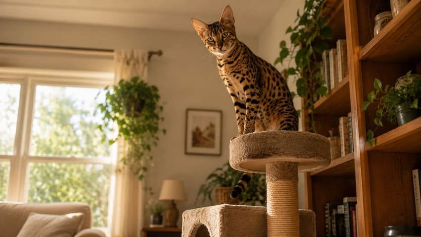 Savannah cat perched near the top of a tall cat tree beside a bookshelf in a home living room
