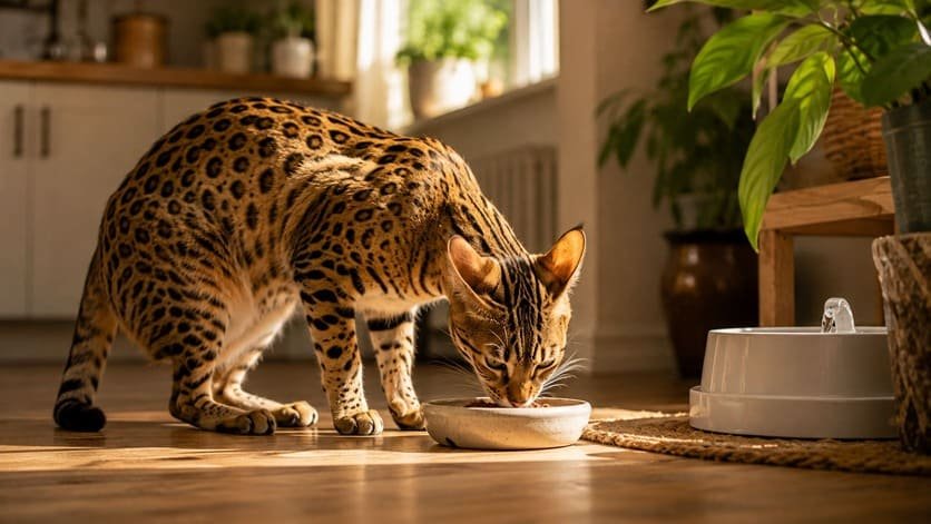 Savannah cat eating from a ceramic bowl on a kitchen floor in soft daylight