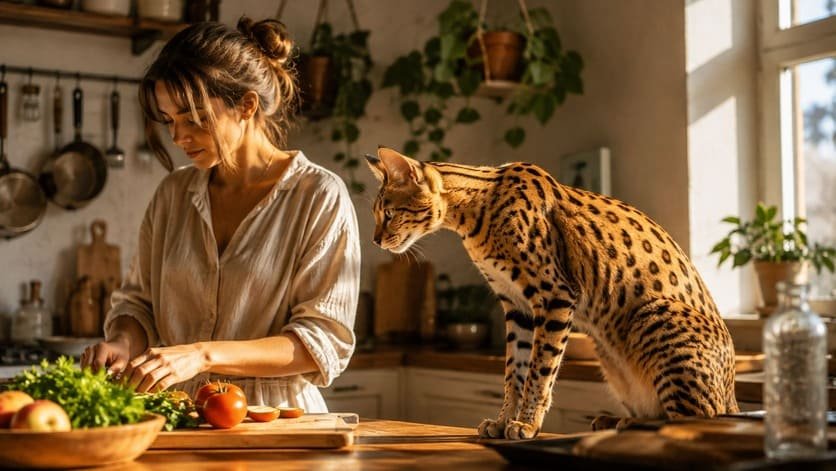 Savannah cat following a woman around a sunlit kitchen, watching her closely from the counter edge