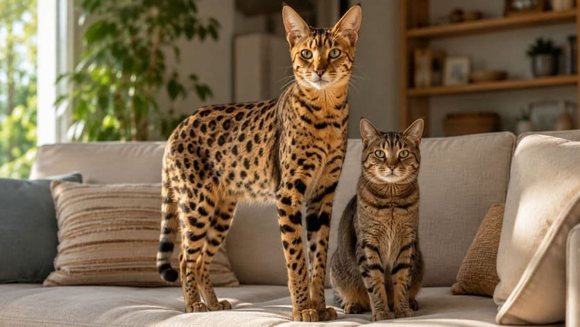 Savannah cat standing beside a shorter domestic tabby cat on a sofa, showing height difference