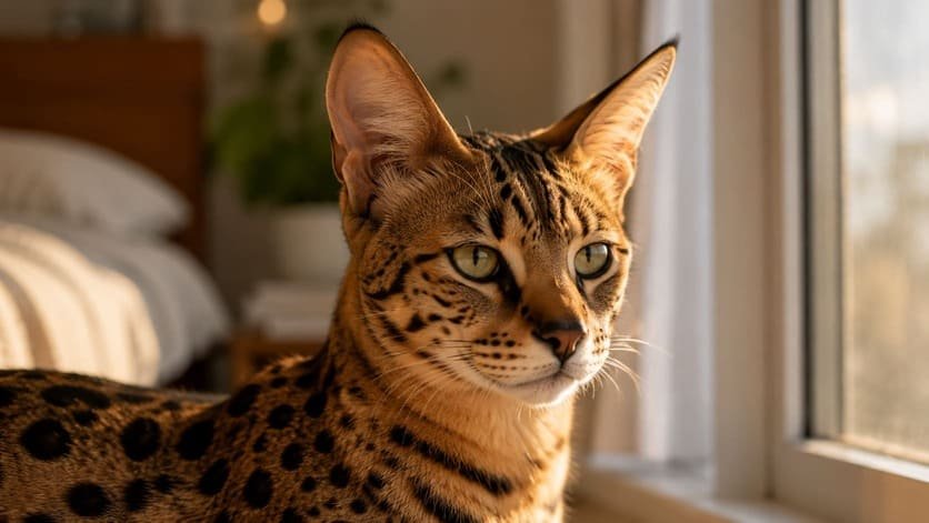 Close-up of a female Savannah cat's head showing large high-set ears and dark tear duct lines