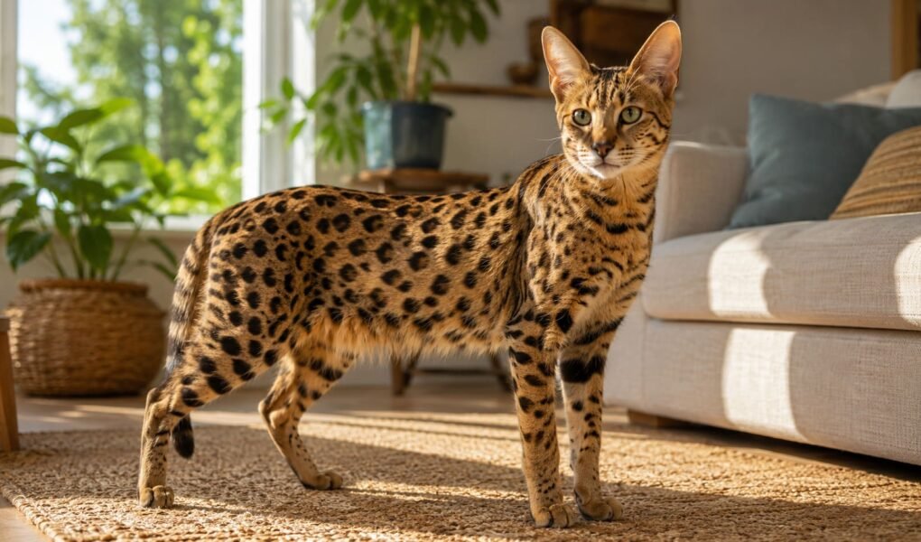 Tall spotted Savannah cat standing alert on a living room rug in warm morning light