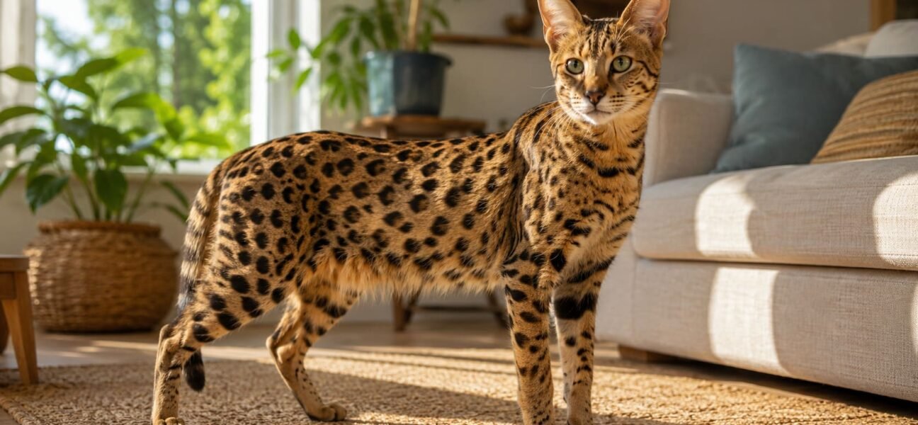 Tall spotted Savannah cat standing alert on a living room rug in warm morning light