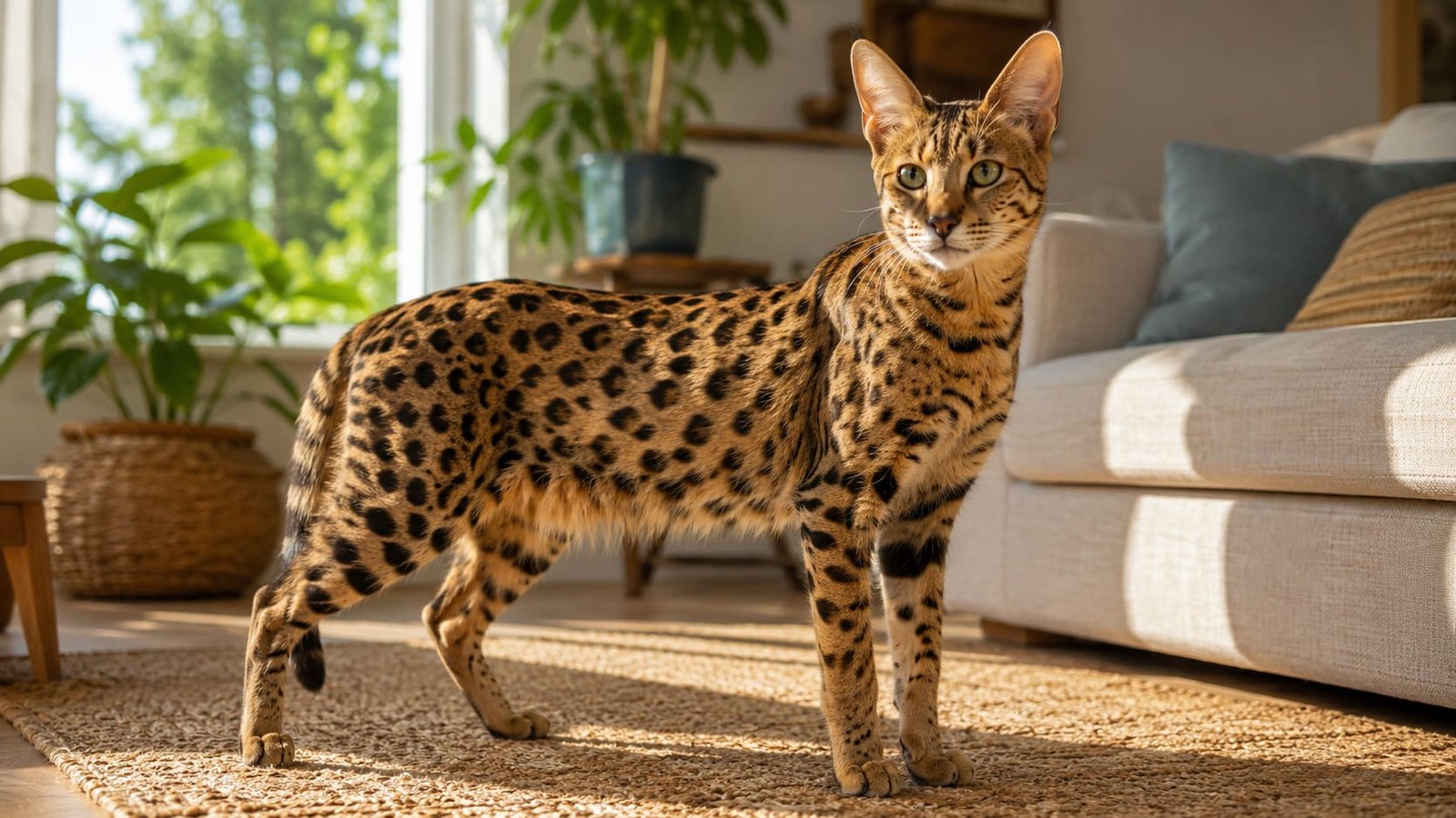 Tall spotted Savannah cat standing alert on a living room rug in warm morning light