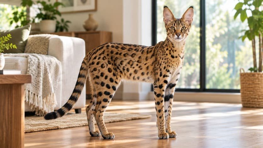 Spotted female Savannah cat with long legs and large ears standing in a bright living room