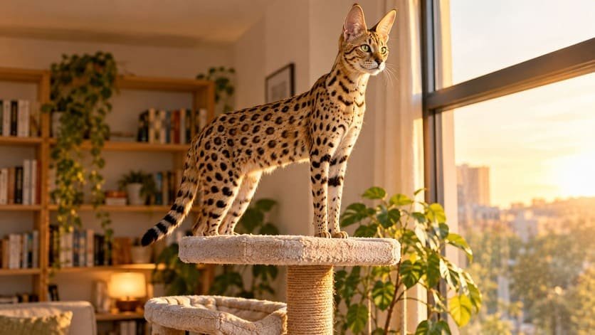 Tall female Savannah cat with large ears standing on a high cat tree in a bright living room