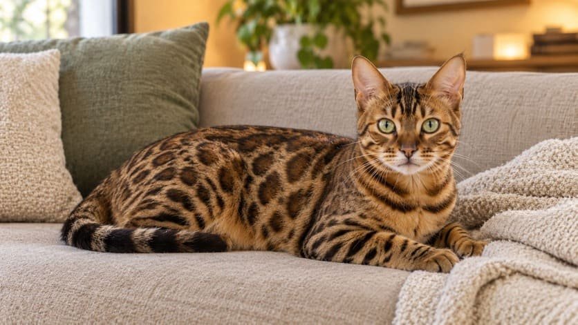 Spotted SBT Bengal cat lying relaxed on a sofa cushion beside a folded blanket
