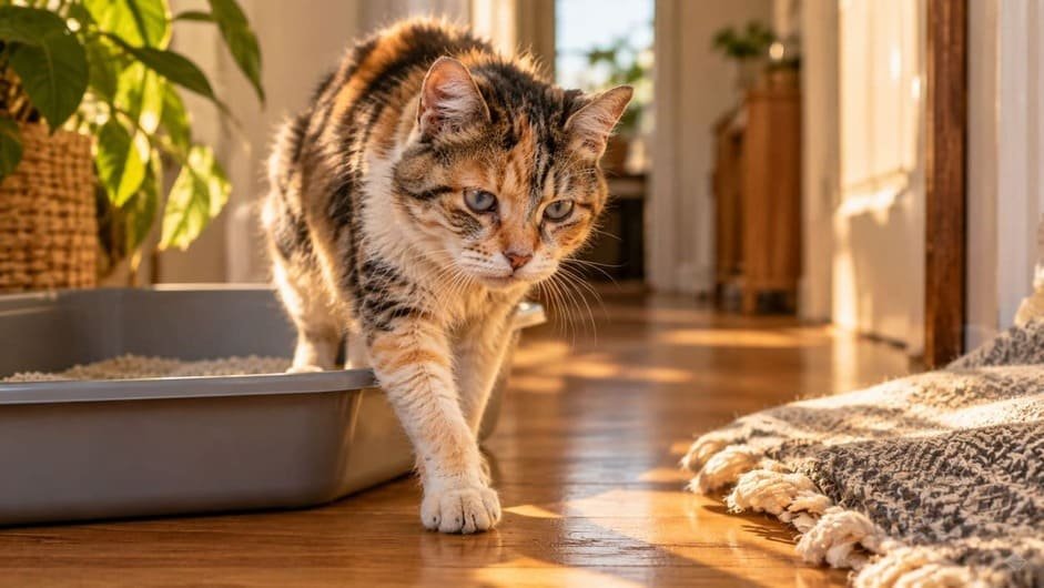 Older calico cat stepping carefully into a low-entry litter box in a sunlit hallway