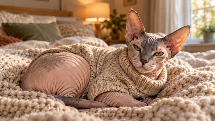 Female Sphynx cat in a soft knit sweater curled on a blanket in a warm bedroom