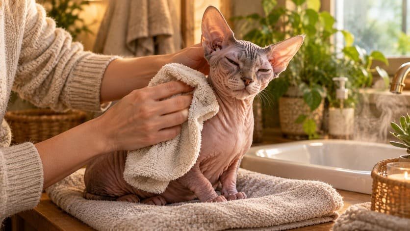 Owner gently wiping a hairless Sphynx cat with a warm cloth during a weekly skin care routine