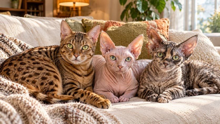 Three exotic-looking cats side by side: a spotted cat, a hairless Sphynx, and a curly-coated Devon Rex