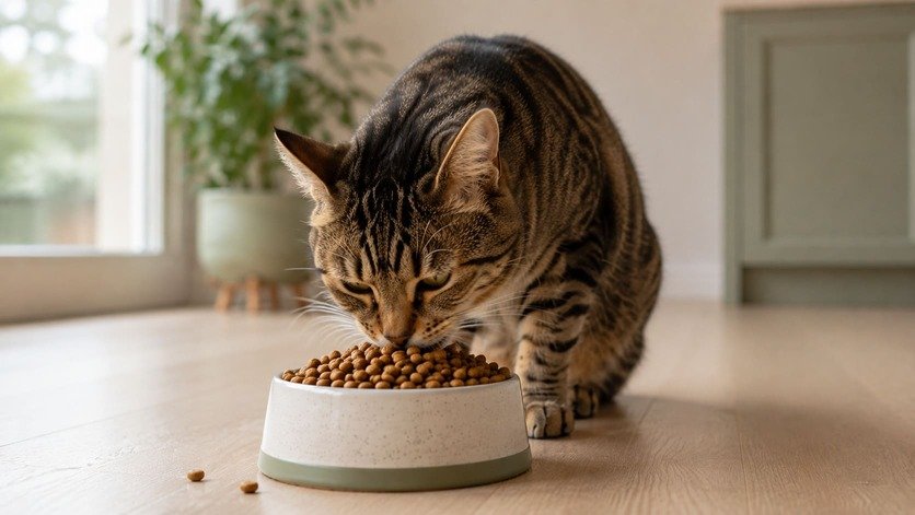 Tabby cat eating a few pieces of kibble from a full bowl left out on a kitchen floor