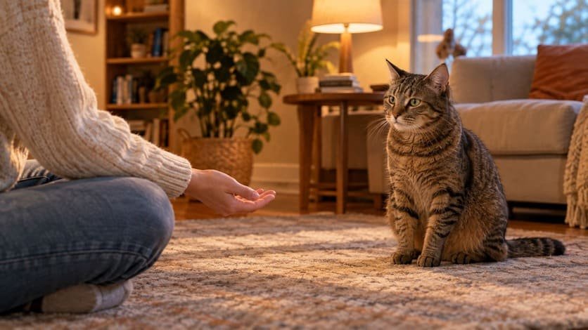 Person sitting on a living room floor calling a brown tabby male cat from a few feet away