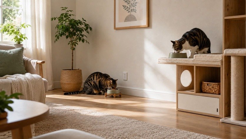 Two cats eating from separate bowls placed in different corners of a room