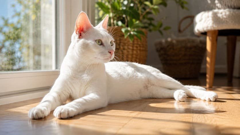 White cat lying in a patch of direct sunlight by a window with its ears and nose exposed