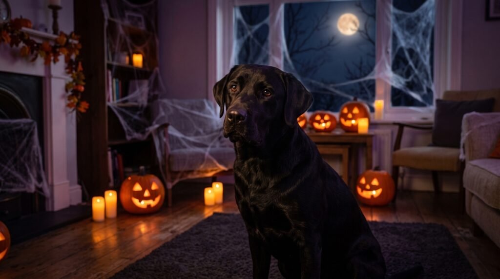 Black Labrador retriever sitting in a room decorated with Halloween