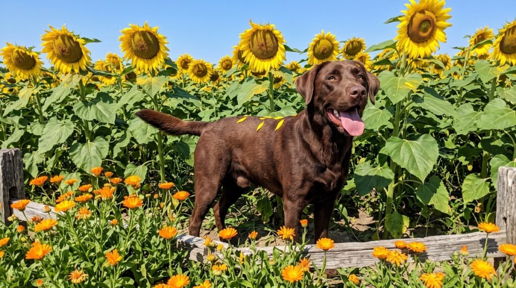 Chocolate Labrador standing in a sunflower field next to orange marigolds