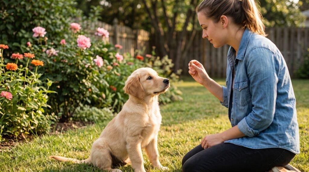 Golden Retriever puppy looking up at its owner during name training in a flower garden