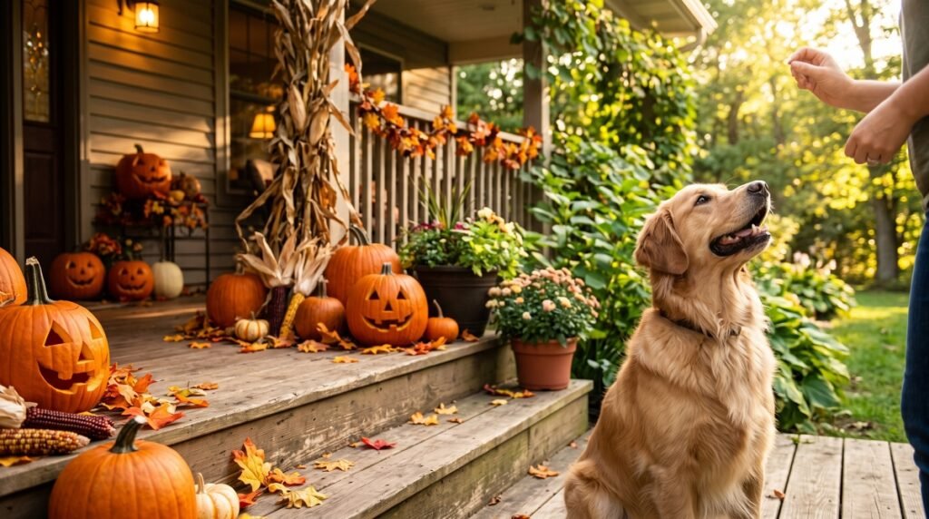 Golden retriever sitting on a fall porch decorated with carved Halloween pumpkins