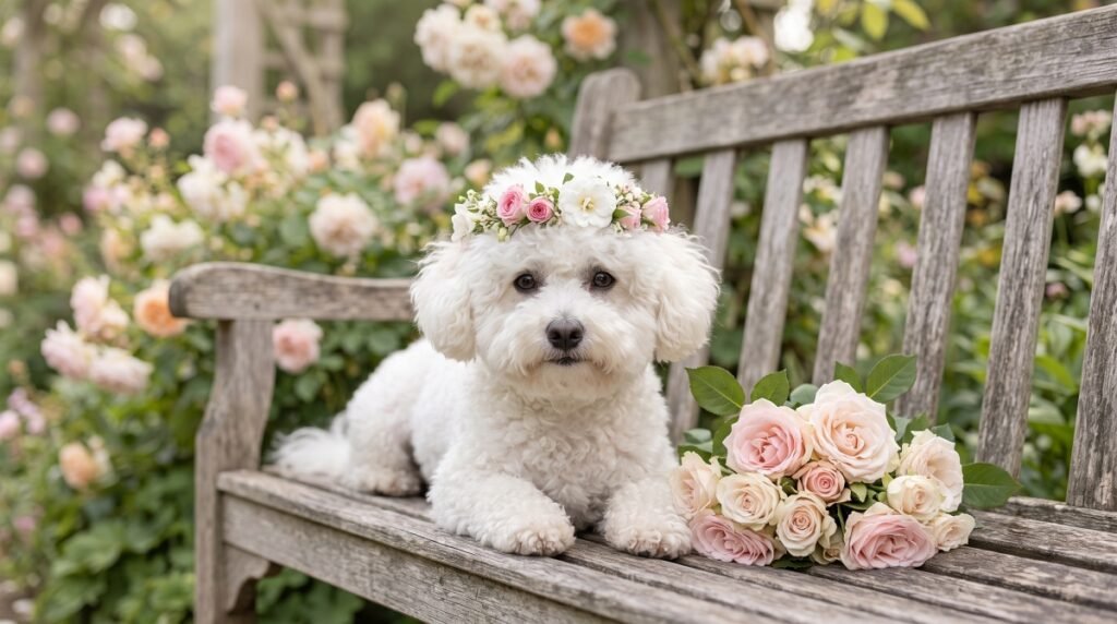 White Bichon Frise wearing a crown of pink roses and camellias on a garden bench
