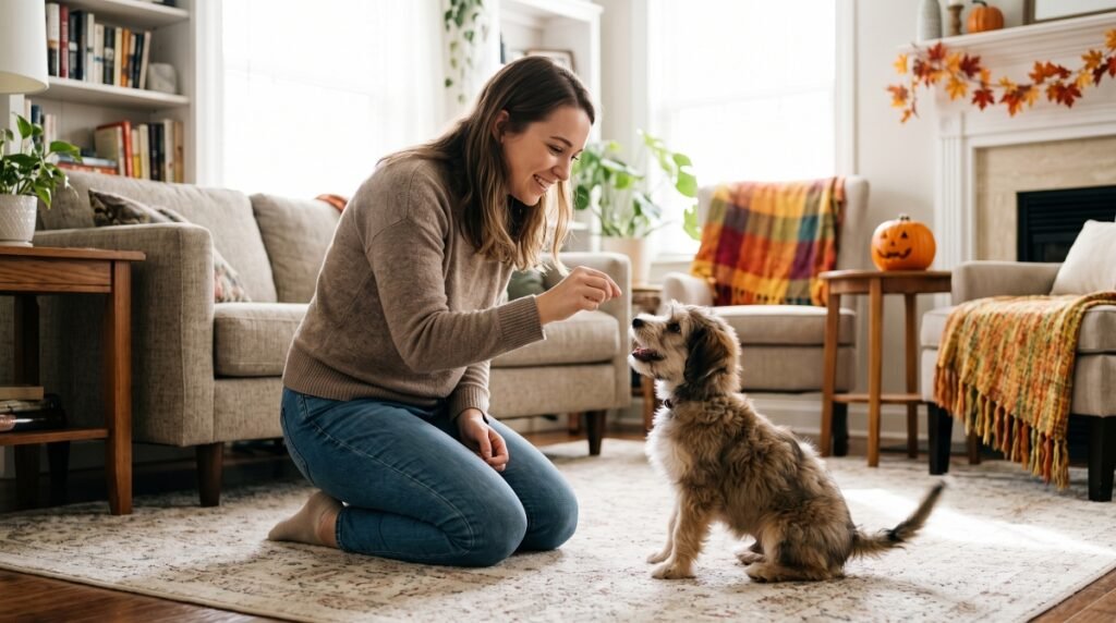 Woman training a fluffy puppy on a rug in an autumn-decorated living room
