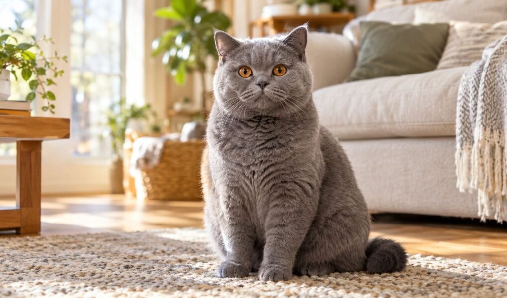 Blue British Shorthair cat with copper eyes sitting upright on a living room rug