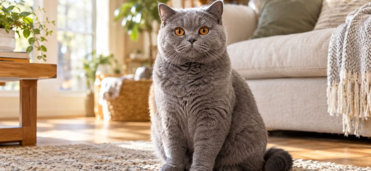 Blue British Shorthair cat with copper eyes sitting upright on a living room rug