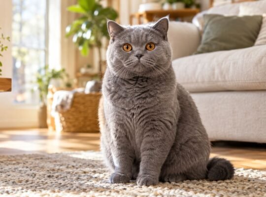 Blue British Shorthair cat with copper eyes sitting upright on a living room rug