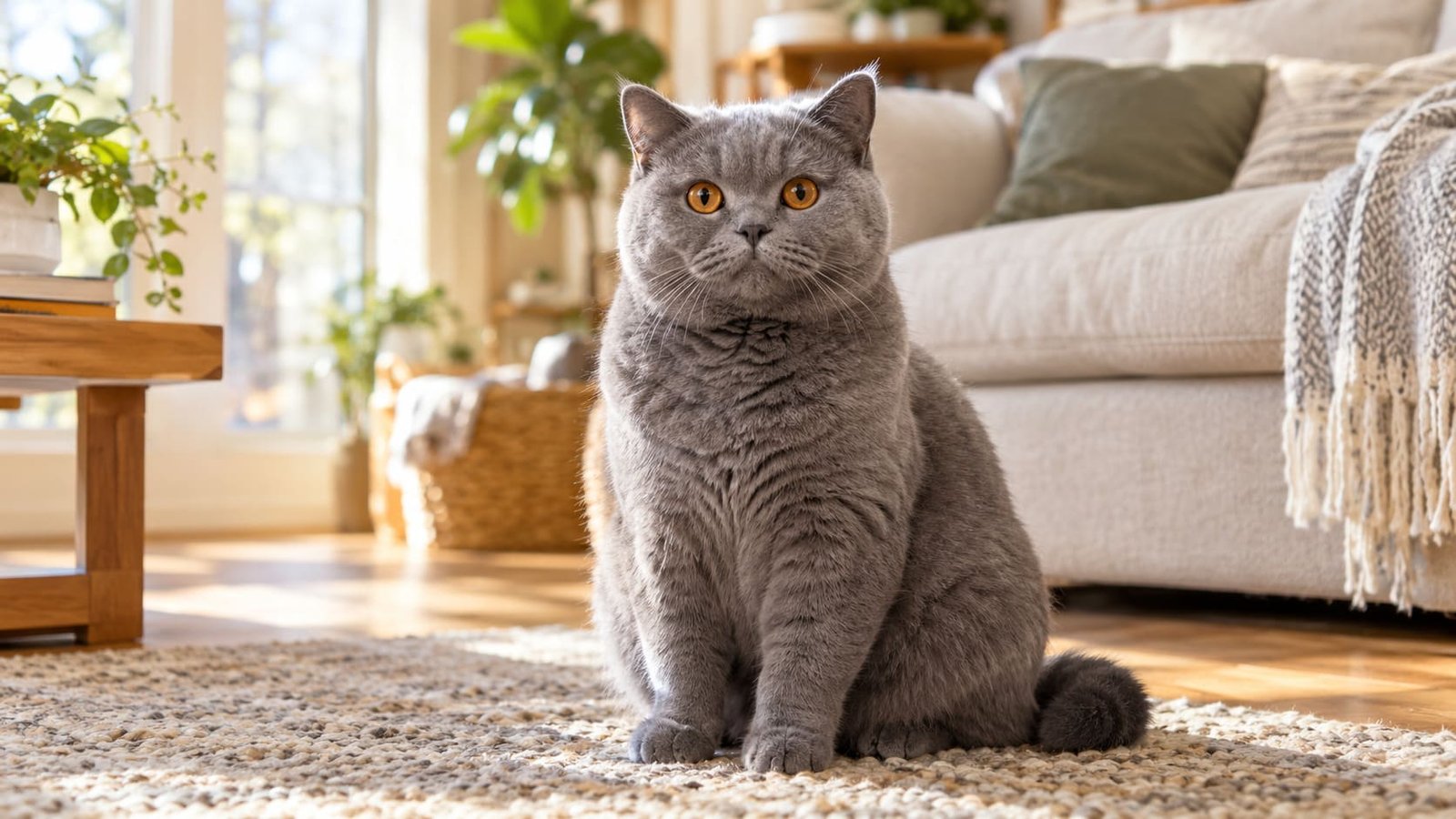 Blue British Shorthair cat with copper eyes sitting upright on a living room rug