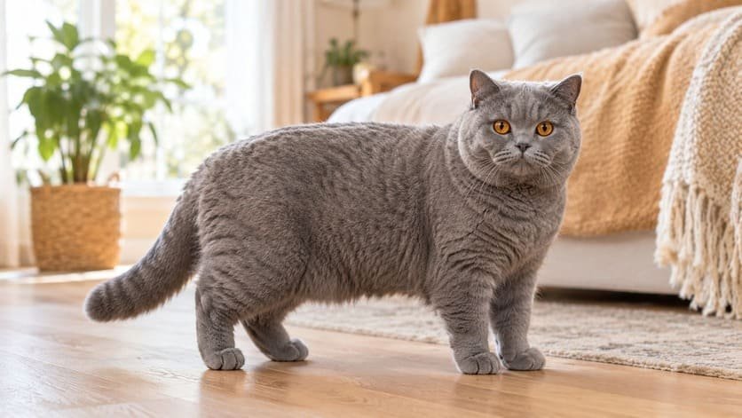 Side profile of a British Shorthair cat standing, showing her chest and waist outline