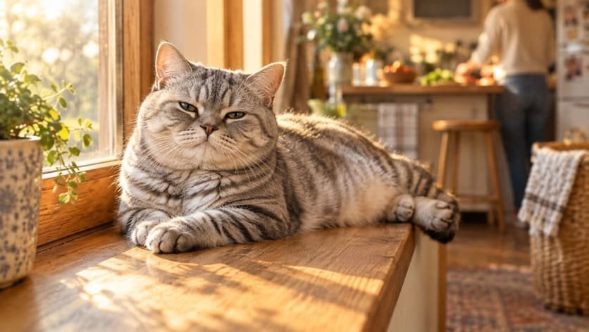 Calm British Shorthair cat lying on a windowsill while household activity continues behind her