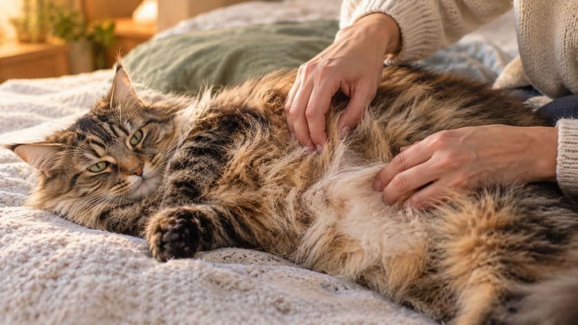 Owner gently checking the belly and inner thigh fur of a relaxed cat