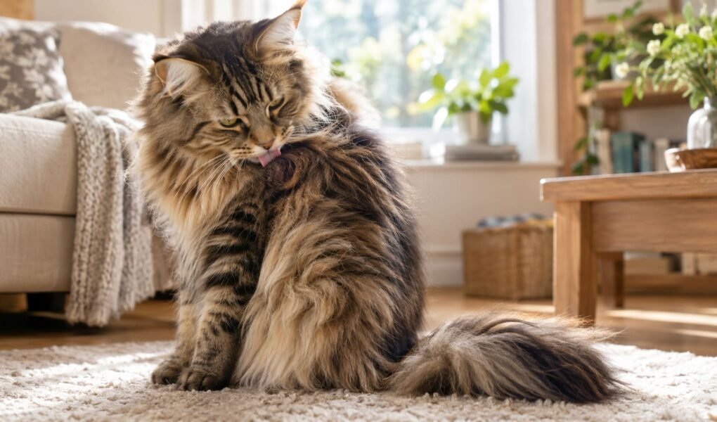 Long-haired tabby cat grooming her shoulder on a sunlit living room rug