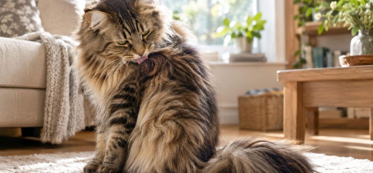 Long-haired tabby cat grooming her shoulder on a sunlit living room rug