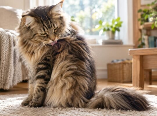 Long-haired tabby cat grooming her shoulder on a sunlit living room rug