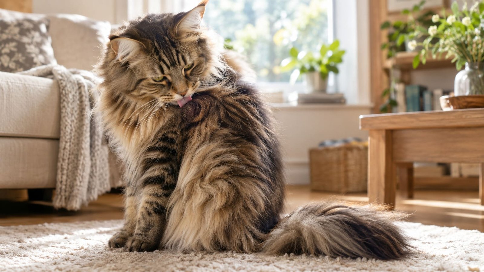 Long-haired tabby cat grooming her shoulder on a sunlit living room rug