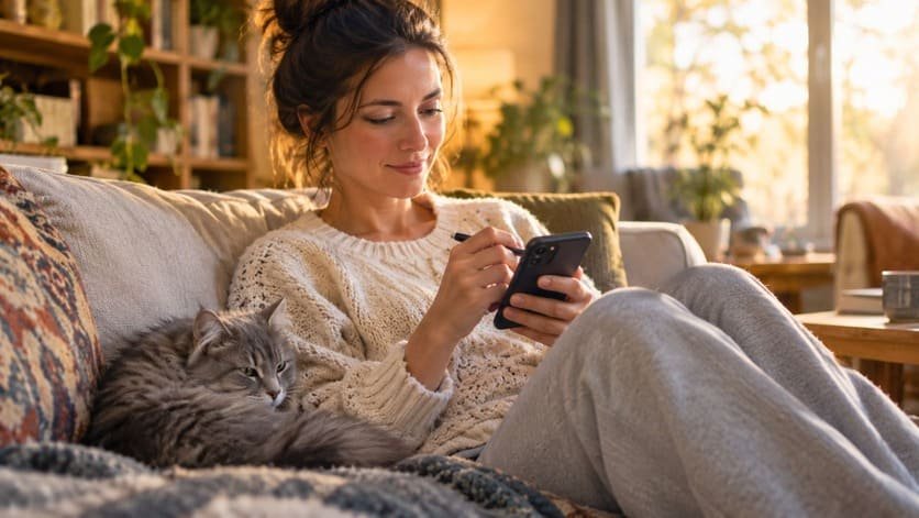 Woman noting something on her phone while a gray cat rests beside her on the sofa