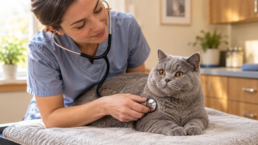 Veterinarian examining a British Shorthair cat with a stethoscope during a wellness visit