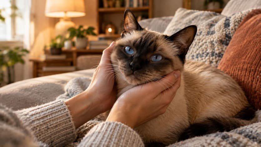 Older Siamese cat having her face gently held during a home health check