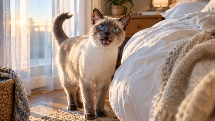 Lilac point Siamese cat meowing beside a bed in early morning light