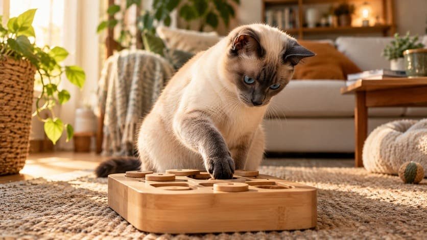 Blue point Siamese cat using a paw to work at a puzzle feeder toy on a rug