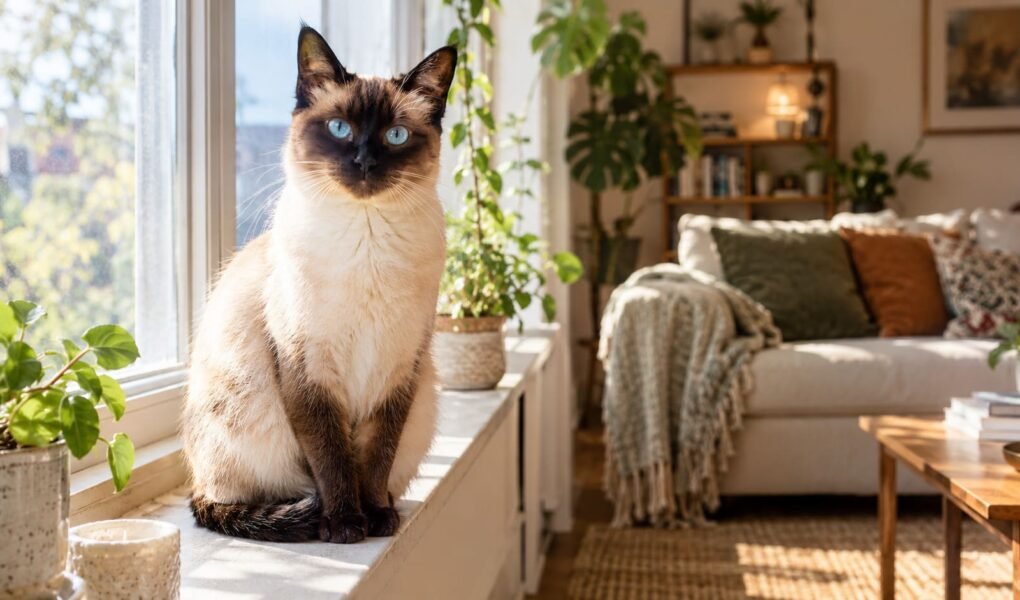 Seal point Siamese cat sitting upright on a living room windowsill in warm morning light