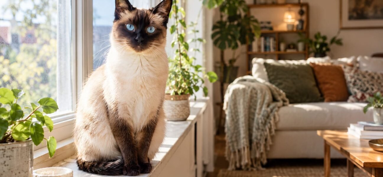 Seal point Siamese cat sitting upright on a living room windowsill in warm morning light